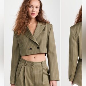 MSGM Giacca Cropped Olive Blazer Pinstripe Jacket‎